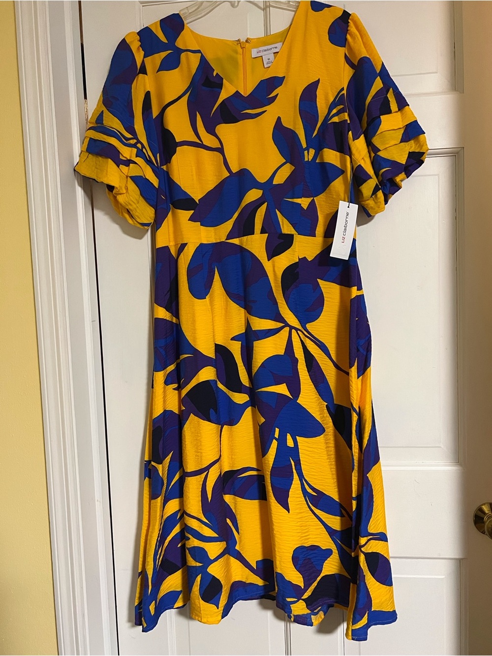 Liz Claiborne Yellow Dress with Blue & Purple Leaf Detail